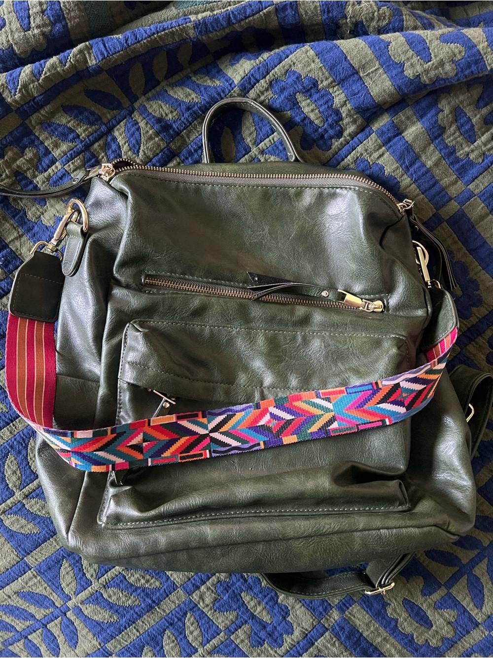 Green Faux Leather Backpack with Colorful Strap